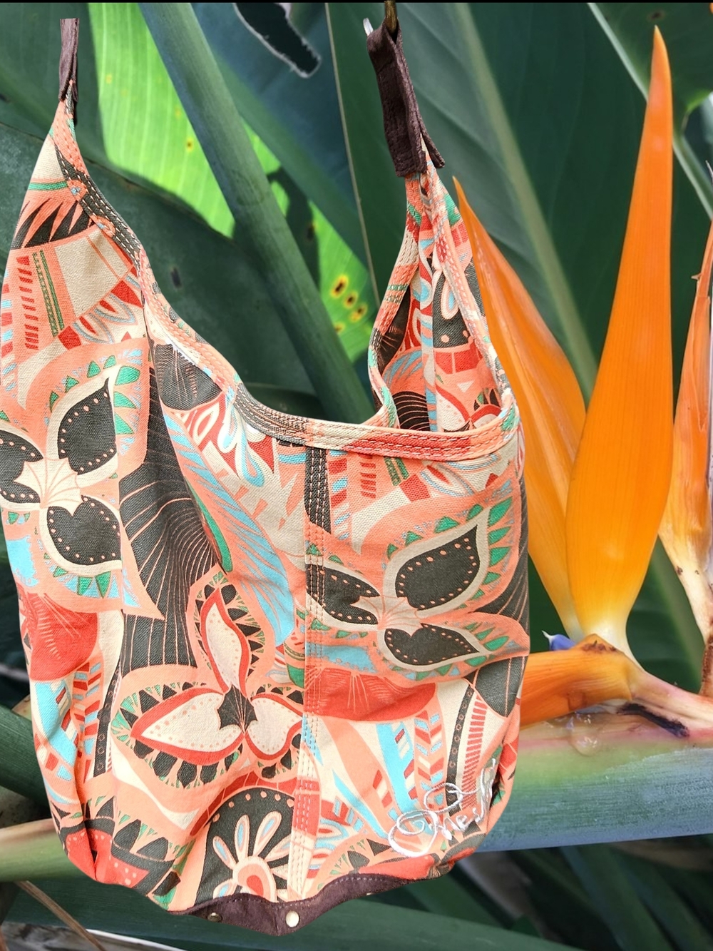 O'Neill Canvas Floral-Print Shoulder Bag in Coral and Teal
